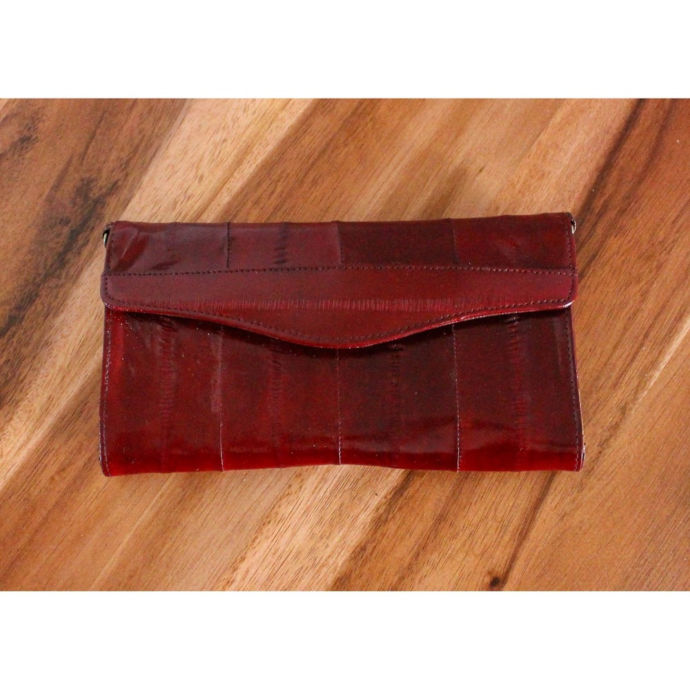 Lee Sands Wallet Red Burgundy Eel Skin Snap Trifold Zip Coin Clutch Vintage